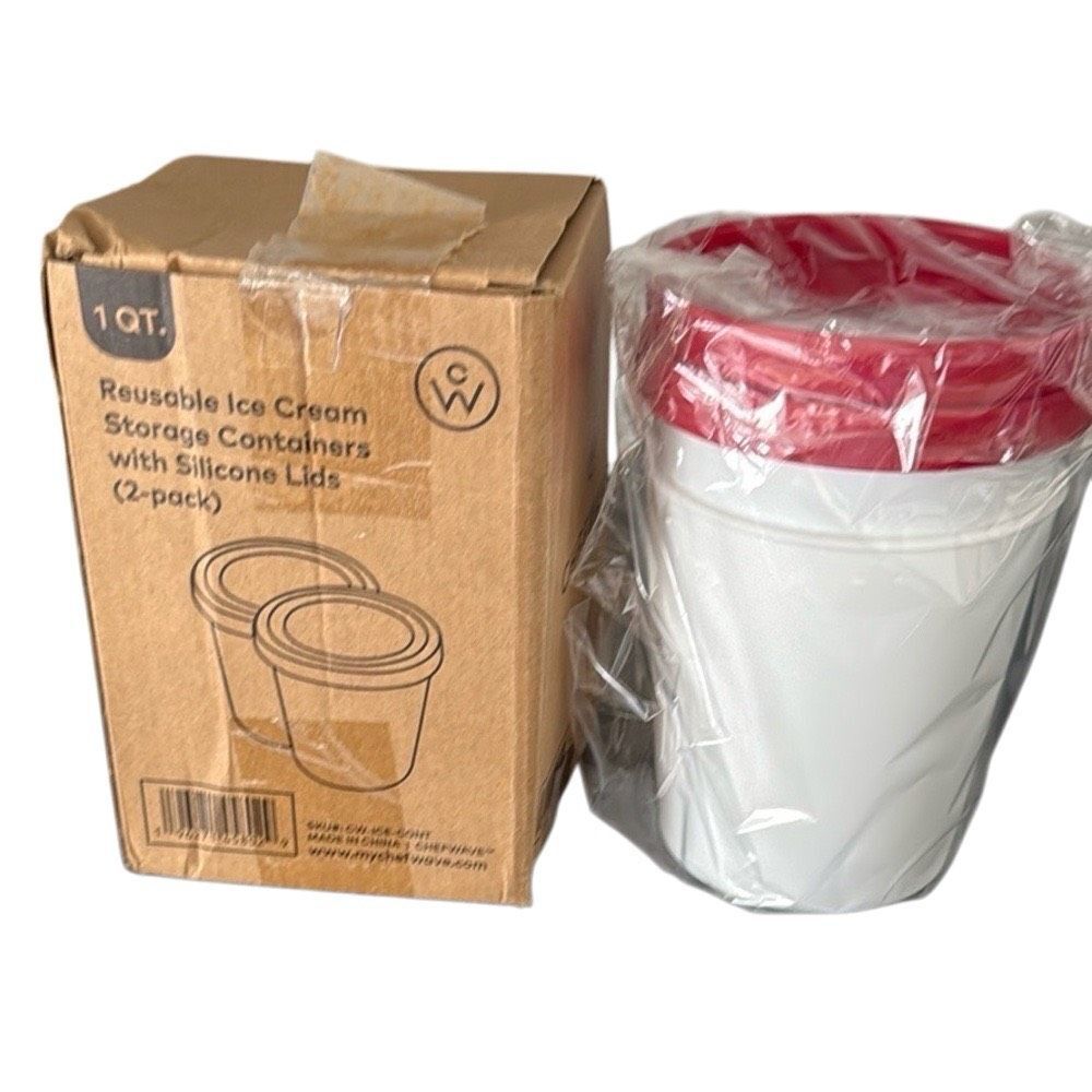 ChefWave Ice Cream Containers 2-Pack Red Silicone Lids White Body 1 QT Each 32oz